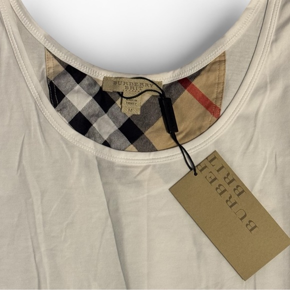 Burberry Brit Tank Top Sleeveless Shirt M White Nova Check Trim Designer Holiday - Picture 5 of 6